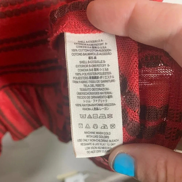 Free People Molly Retro Peplum Tank Top Size Medium Eyelet Red Brown Stripe - Picture 6 of 7